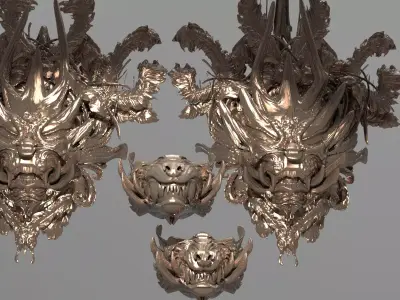  Dragon Asian Shield Design 2 versions with 2 Samurai masks 3D model