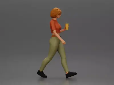 Woman strolls sipping beverage wearing crop top belted pants 3D print model
