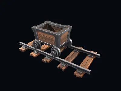 Stylized trolley and rails  Low-poly 3D model