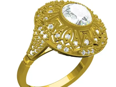 Antique Art Deco Round Diamond Engagement Ring 2 3D print model