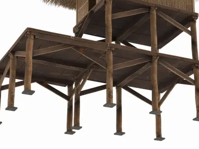 Two-Level Bamboo Hut with Thatched Roof 3D model