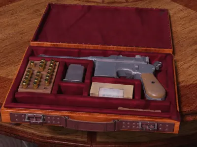 Mauser C96 Broomhandle with carry  case low poly game asset Low-poly 3D model