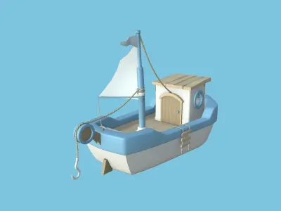 Cartoon Boat 02 - White Blue - Low Poly Ship Low-poly 3D model