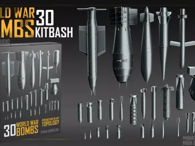 World War Bombs KITBASH bundle -30 Unique Rockets and Bombs Low-poly 3D model