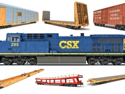 Freight Train Locomotive Railroad Cars 3D Model Pack