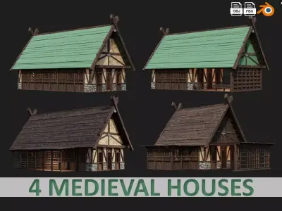 4 Old Medieval Building House Pack 4K Tex GameReady 73 to 76 Low-poly 3D model