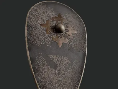 Slavic kite leather shield-painted black with pheasant symbol Low-poly 3D model