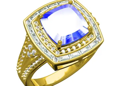 Antique Blue Sapphire Cushion Stone Double Halo Engagement Ring 3D print model
