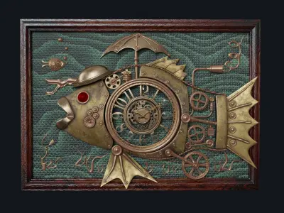 Basrelief in form of steampunk fish 3D model