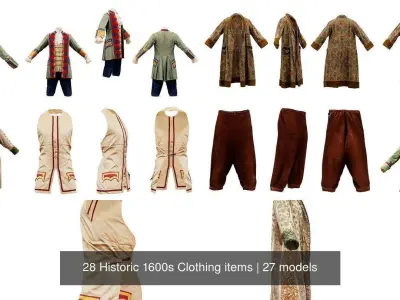32 Historic 1600s Clothing items 3D Model Pack