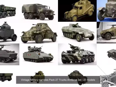 Vintage Military Vehicles Pack 27 Trucks Armored Set