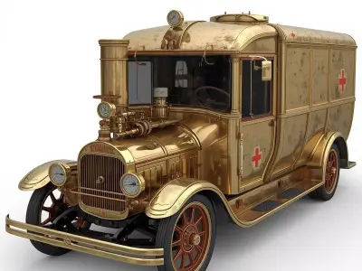 Stylized 3D Steampunk Medical Ambulance Low-poly 3D model