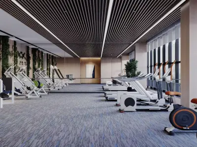 gymnasium gym with exercise machines and plants 3D model
