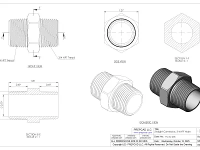 Straight Connector 3-4 NPT Male 3D model