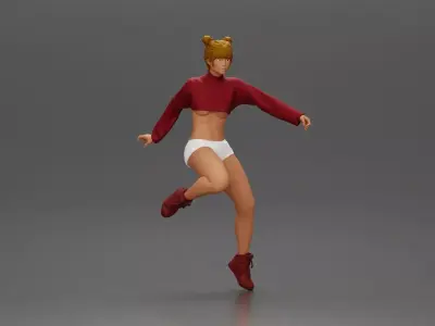 Woman in red crop top and sneakers riding a motorbike 3D print model