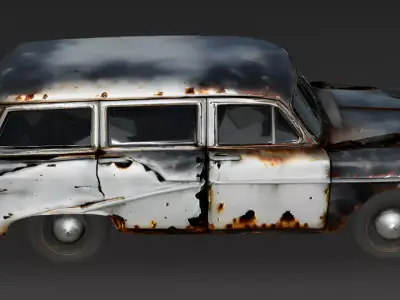 Realistic Wrecked 1950s Station Wagon 3D Model Low-poly 3D model