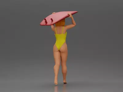 woman in swimsuit carrying a red surfboard on her shoulders 3D print model