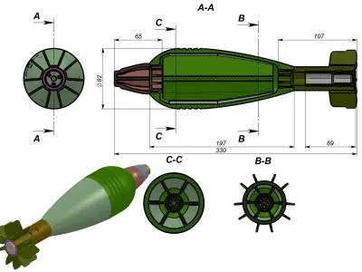 Mortar shell  Artillery mine of 82 mm caliber Training model  3D model