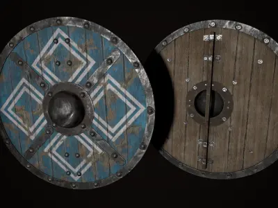 Medieval viking round shield with geometric ornament Game ready Low-poly 3D model