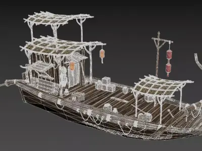 Ancient Chinese Wooden Boat Traditional River Vessel 3D model