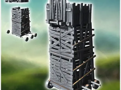 Six-wheeled wooden plank siege tower 3 - Medieval Gothic Feudal  3D print model