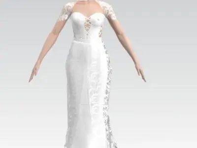 Wedding dress fishtail skirt and lace skirt  Low-poly 3D model