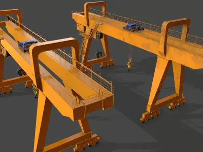 PBR Double Girder Gantry Crane V2 - Yellow Dark Low-poly 3D model