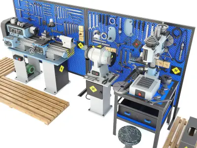 workbench garage tools and lathe grinder drilling machine 3D model