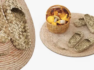Two Pairs of Bast Shoes and Rustic Mushroom Basket 3D model