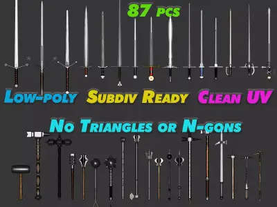 Medieval Weapon Pack Subdiv ready 2k rez textures Low-poly 3D model