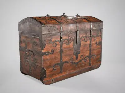 Antique Medieval Chest - Wooden Treasure Trunk with Ornaments Low-poly 3D model
