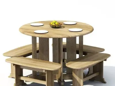 Wooden Dining Table Benches 3D model