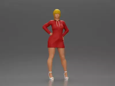 woman in red long hoodie with hands on hips showing elegance 3D print model