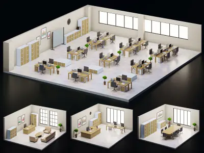 5 set low poly interior office Low-poly 3D model