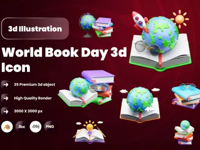World book day 3d Illustration  Icon Pack 3D model