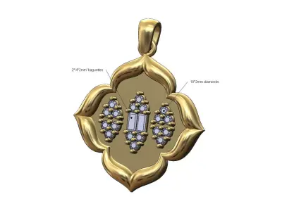 Floral window baguette and diamonds clusters pendant with bail 3D print model
