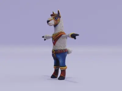 Cartoon llama Cowboy costume Character T-Pose Low-poly 3D model
