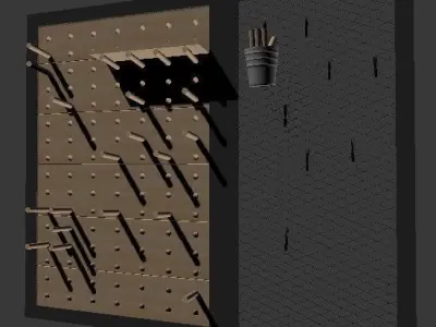 Pegboard wooden wall with pegs and hooks 3D model