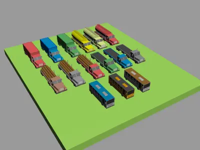 Low Poly Vehicles trucks and trailers Low-poly 3D model
