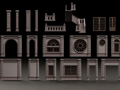 CLASSIC EUROPEAN KITBASH 03 MODULAR BUILDING WITH INTERIOR Low-poly 3D model