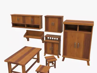 furniture set of wooden 3D model