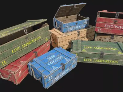 Low Poly PBR Wooden Military Crate Collection 3D Model Pack