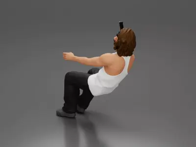 Man sitting with gun in hand pointing forward calmly 3D print model