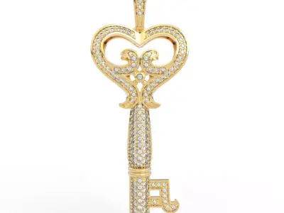 Elegant Open Heart Diamond Key Pendant Necklace 3D print model