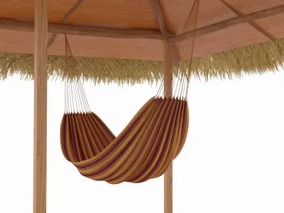 Hammock Canopy with Wooden Poles and Grass Roof Brown 3D model