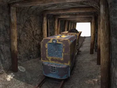 Mine Tunnel with Old Coal Cart Train 3D model