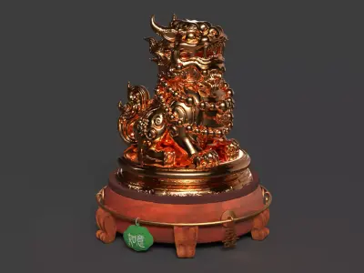 Chinese Ancient Lion Statue Figure  Low-poly 3D model