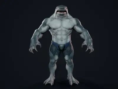 Sharkman creature with long arms and legs Low-poly 3D model