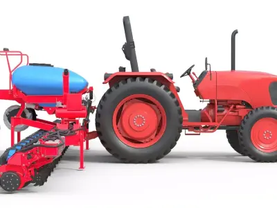 Generic Farm Tractor and Trailed Seed Drill  Low-poly 3D model