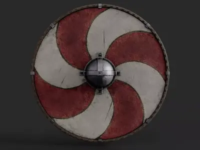 Slavic round leather shield-painted red and white sun wheel Low-poly 3D model
